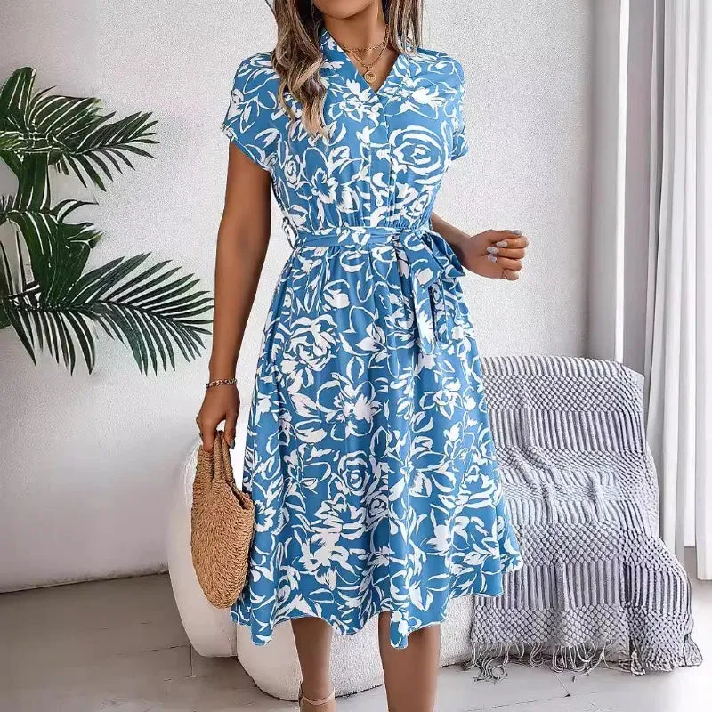 Elegant Floral Print Button Short Bat Sleeve A-line Midi Dress