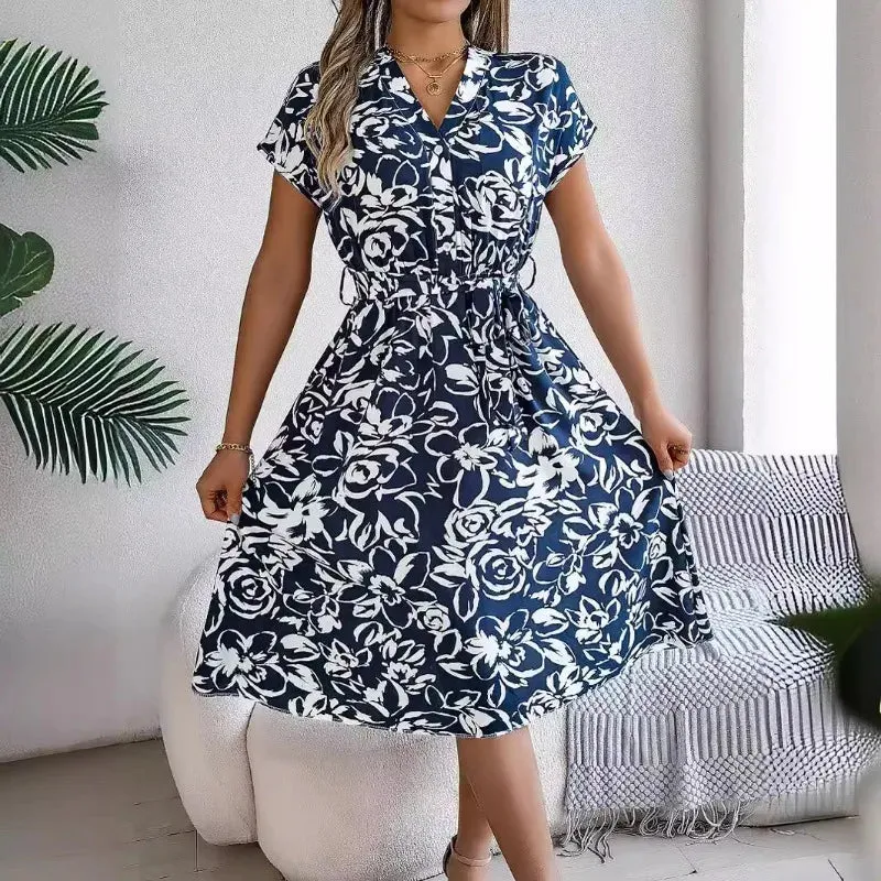 Elegant Floral Print Button Short Bat Sleeve A-line Midi Dress