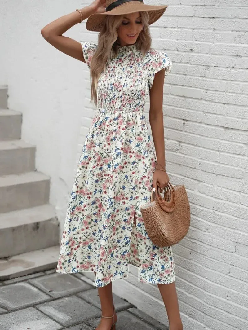 Elegant Floral Print O-neck Short Sleeve Elastic High Waist Split Midi Dress