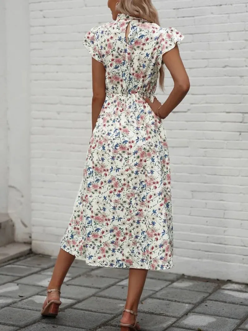 Elegant Floral Print O-neck Short Sleeve Elastic High Waist Split Midi Dress