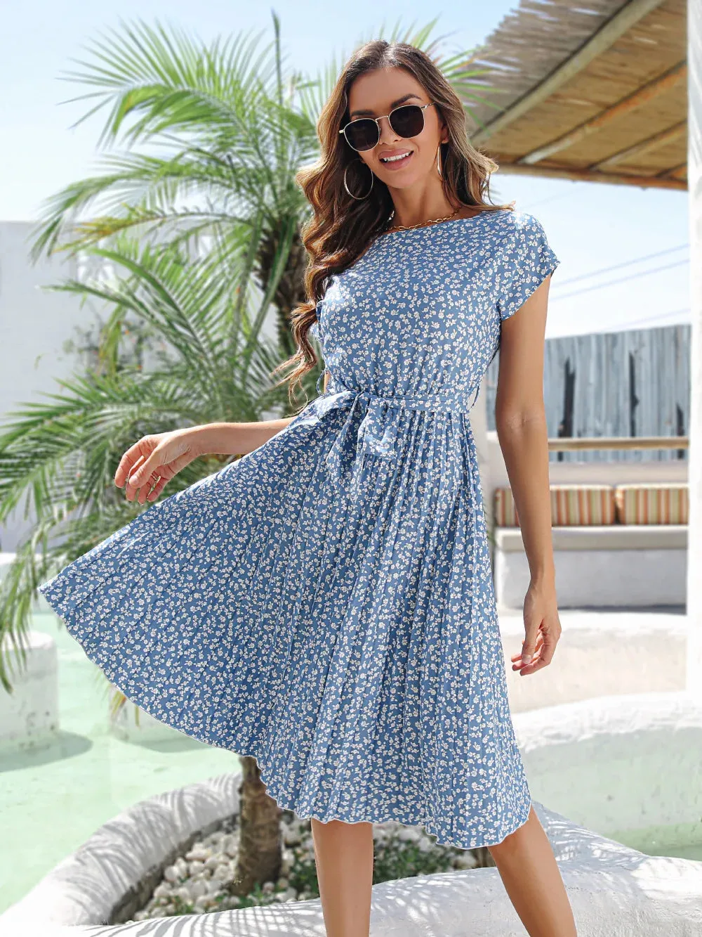 Elegant Floral Print Pleated Slim Lace-up Short Sleeve Midi Dress