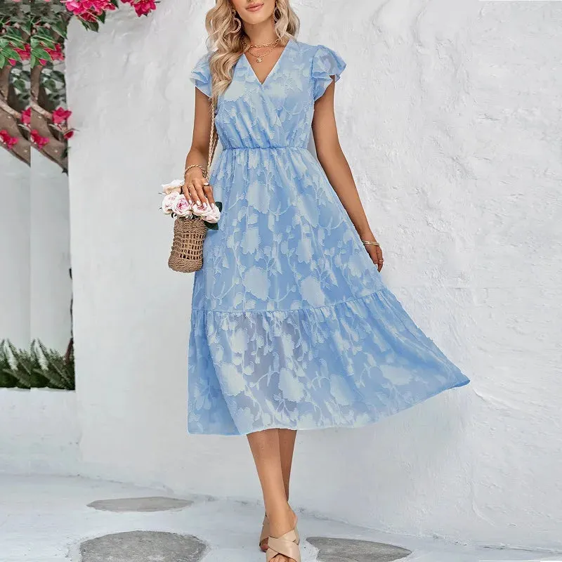 Elegant Floral Prints Summer 2024 New V-neck Short Flying Sleeve High Waist A-Line Midi Dress