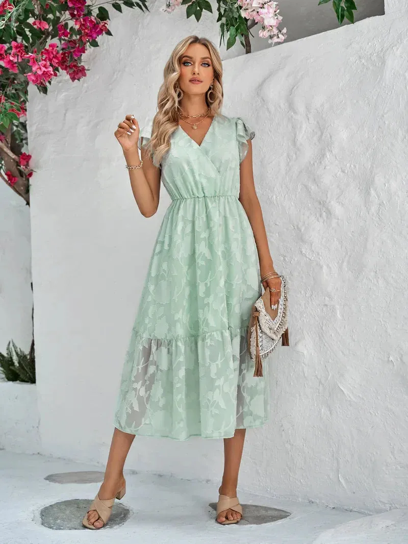 Elegant Floral Prints Summer 2024 New V-neck Short Flying Sleeve High Waist A-Line Midi Dress