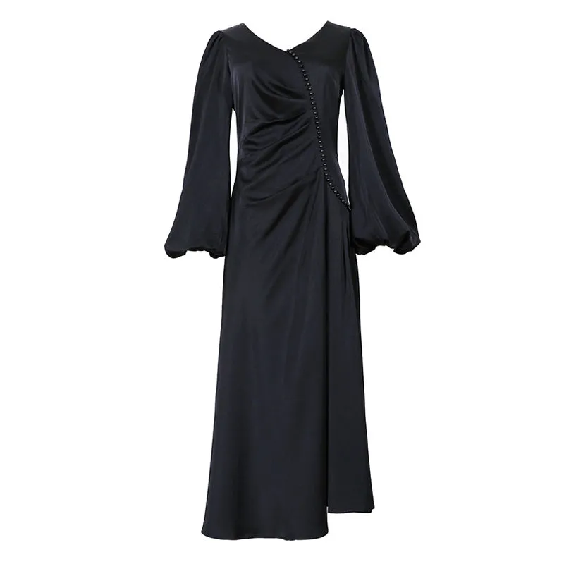 Elegant Imitation Pearl Beaded Ruched V Neck Puff Sleeve Midi Satin Dress