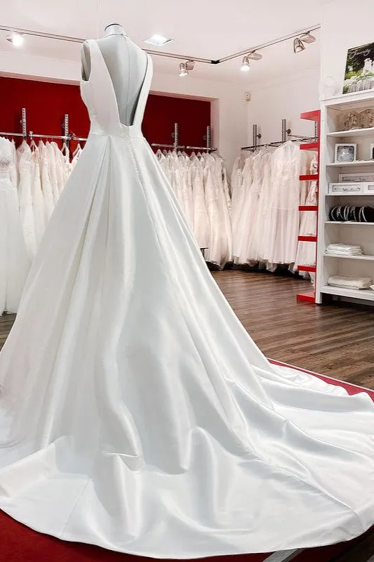 Elegant Long A-line V Neck Satin Ruffles Open Back Wedding Dresses