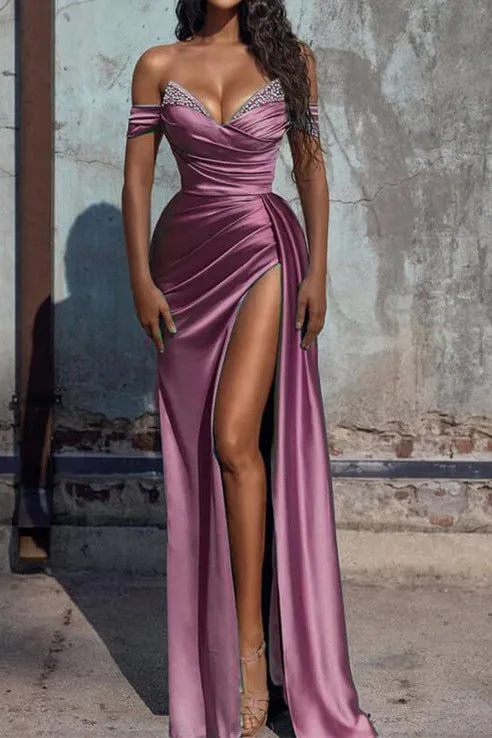 Elegant Long Sheath Off-the-shoulder V-neck Sequins Ruffles Prom Dress With Slit