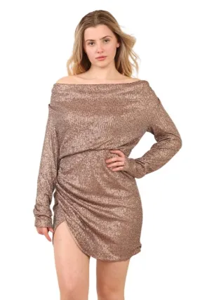 Elegant Long-Sleeve Heavy Sequin Mini Dress with Front Slit