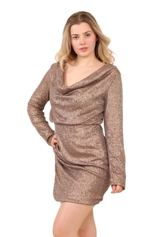 Elegant Long-Sleeve Heavy Sequin Mini Dress with Front Slit