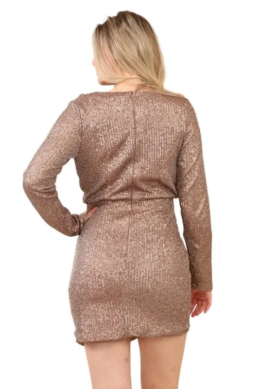 Elegant Long-Sleeve Heavy Sequin Mini Dress with Front Slit