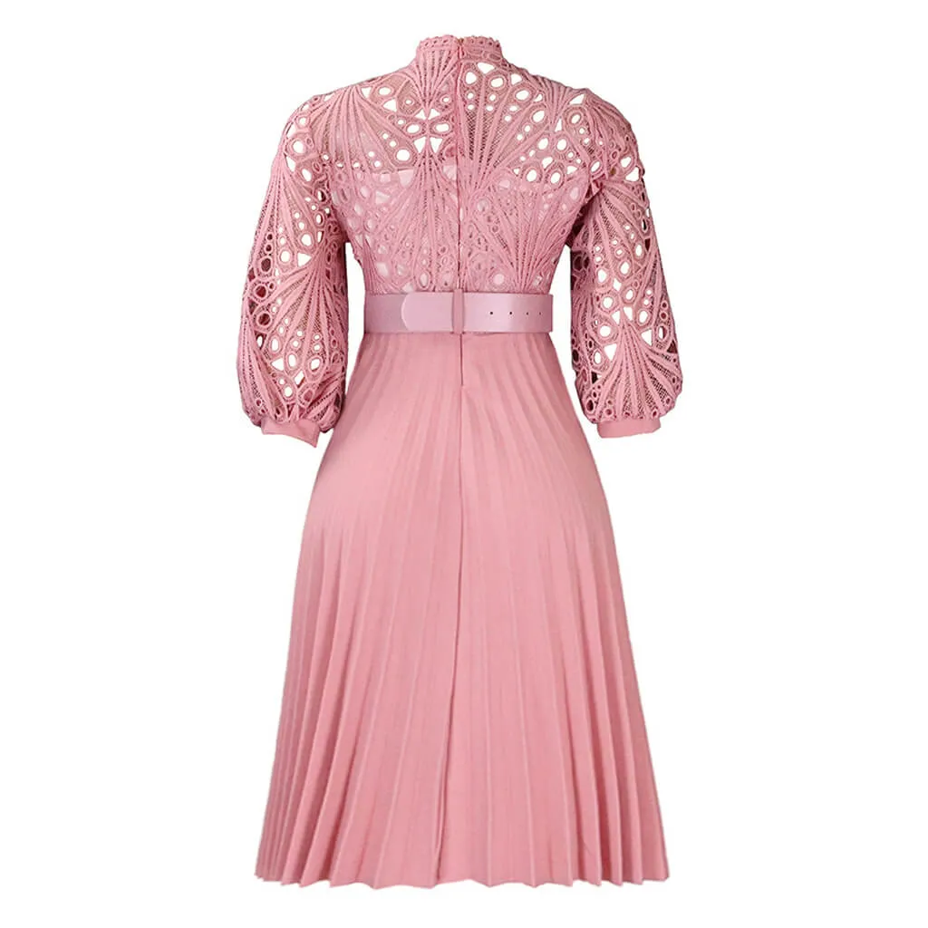 Elegant Scalloped High Neck Half Sleeve Cutwork Lace Pleated Midi Dress