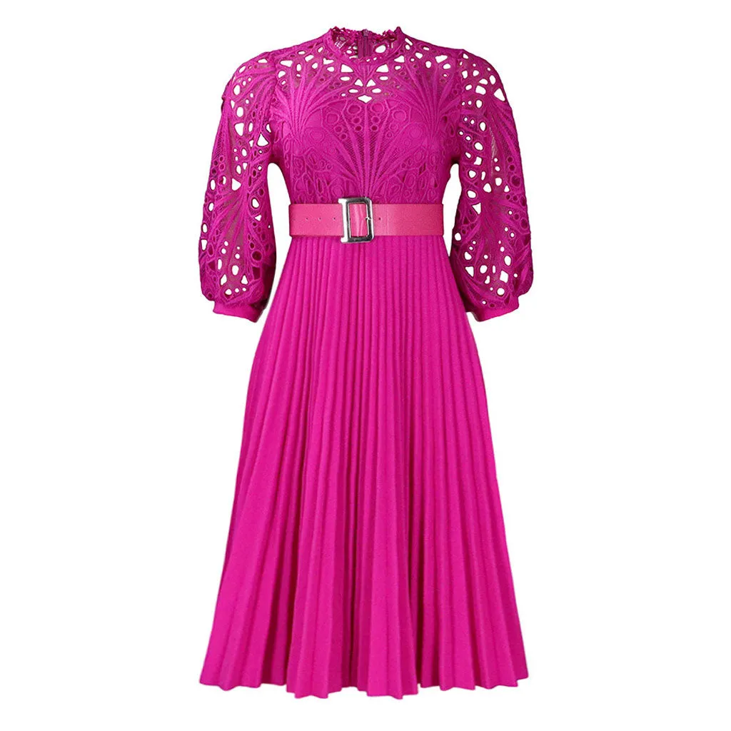 Elegant Scalloped High Neck Half Sleeve Cutwork Lace Pleated Midi Dress