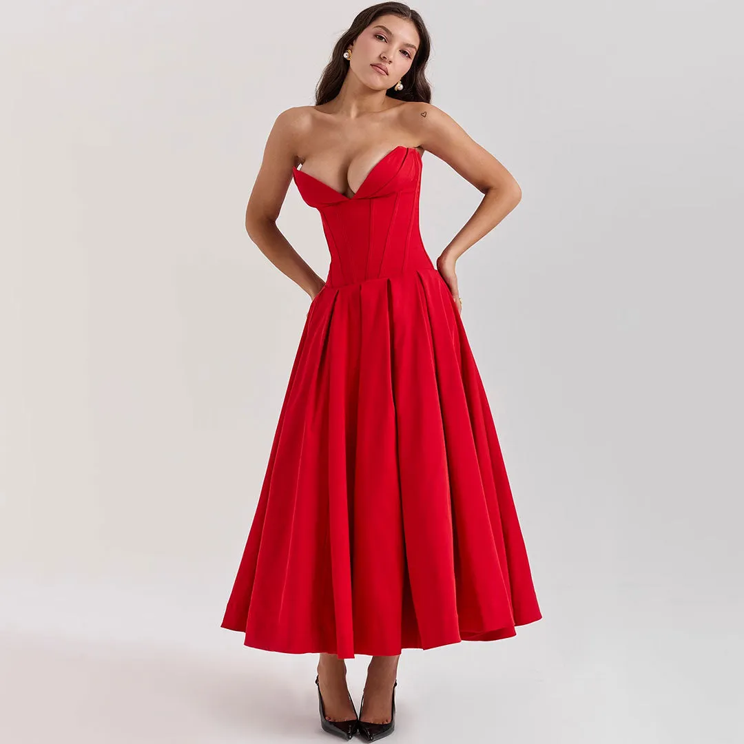 Elegant Sweetheart Neck Strapless Corset Pleated Cocktail Midi Dress