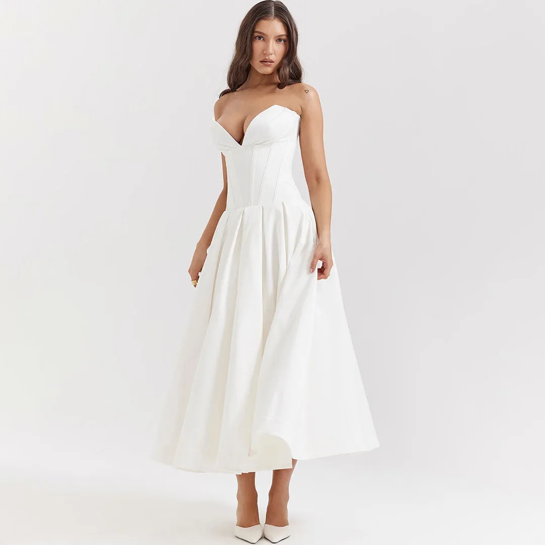 Elegant Sweetheart Neck Strapless Corset Pleated Cocktail Midi Dress