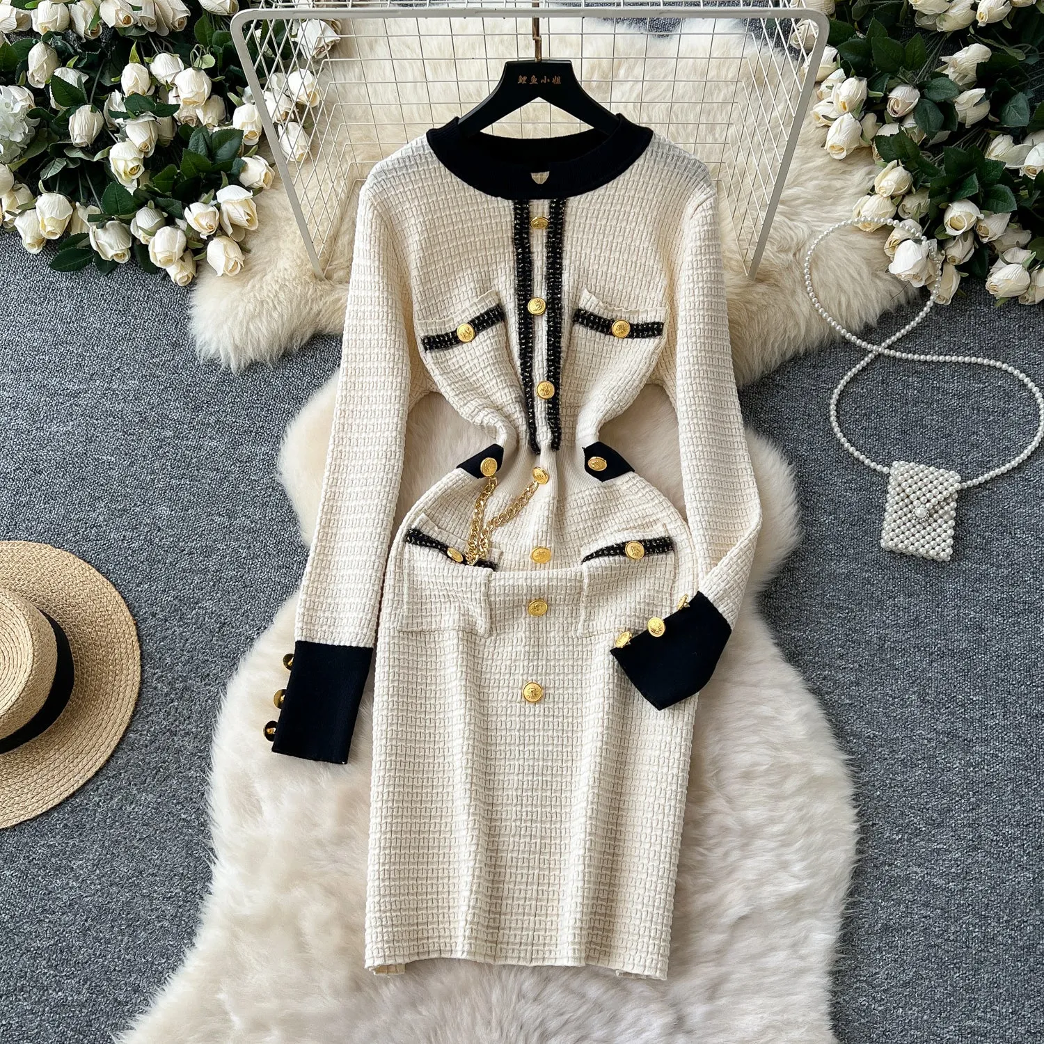 Elegant Tweed Dress with Buttons