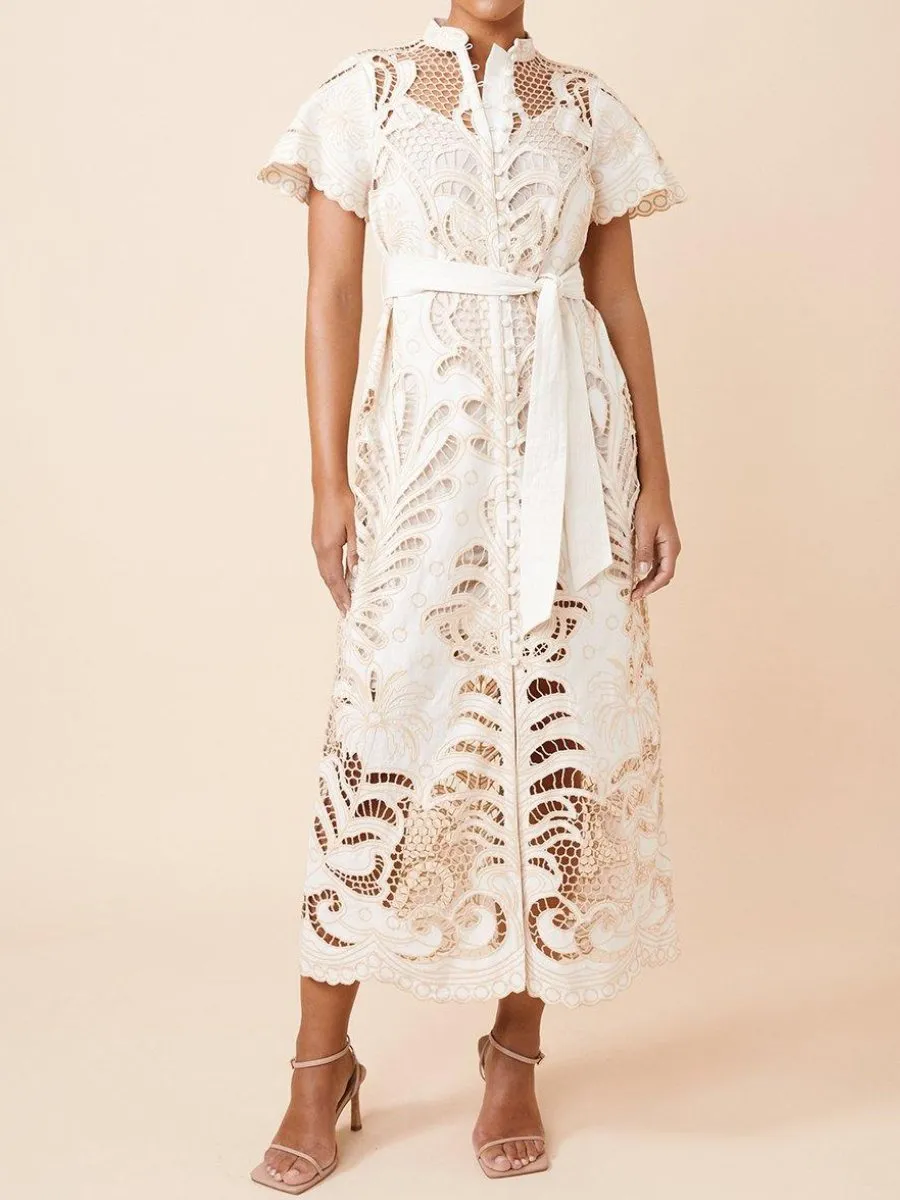 Embroidery See-through Midi Dress