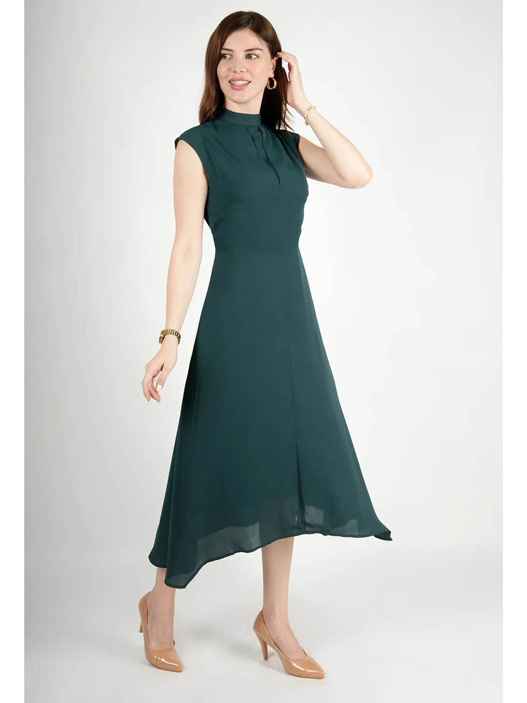 Emerald Green Polyester Vibrance Open Back Midi Dress