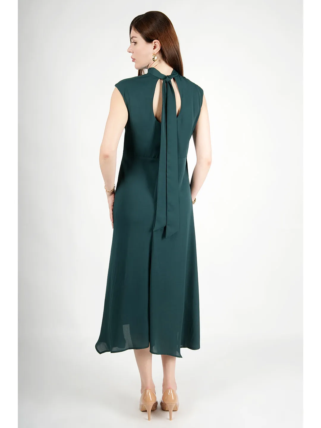 Emerald Green Polyester Vibrance Open Back Midi Dress