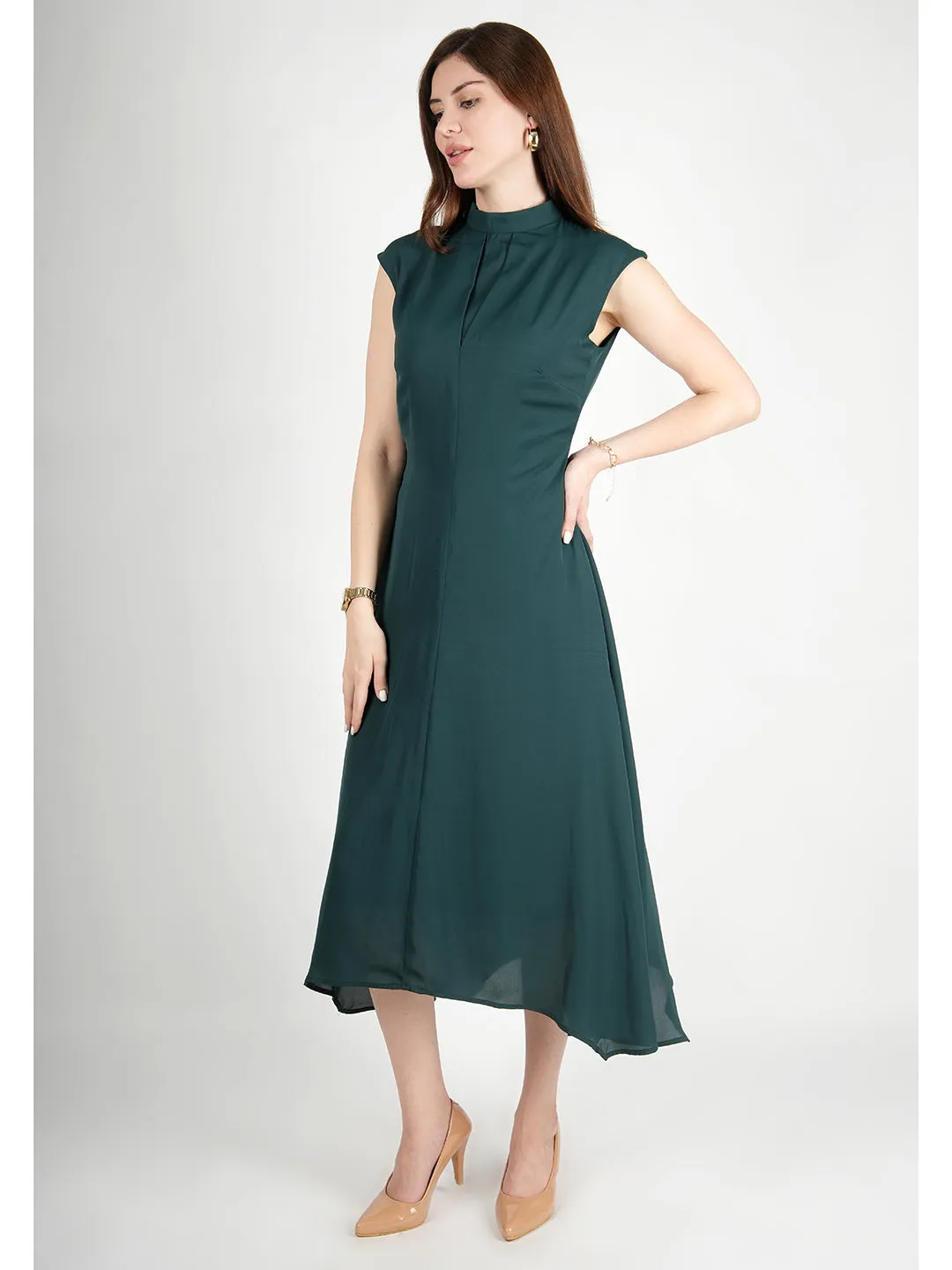 Emerald Green Polyester Vibrance Open Back Midi Dress