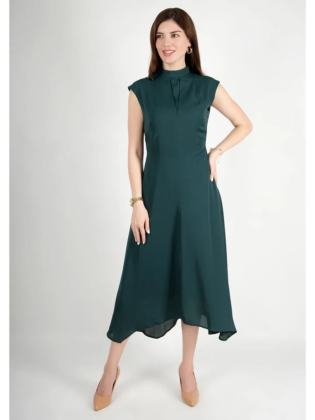 Emerald Green Polyester Vibrance Open Back Midi Dress