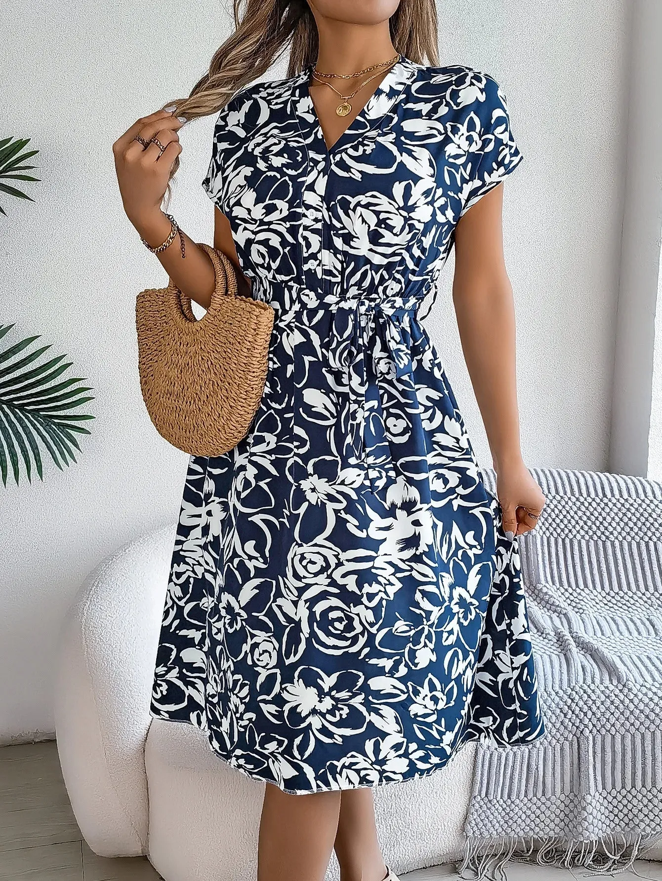 Fashion Elegant Floral Print Button Bat Sleeve A-line Midi Dress