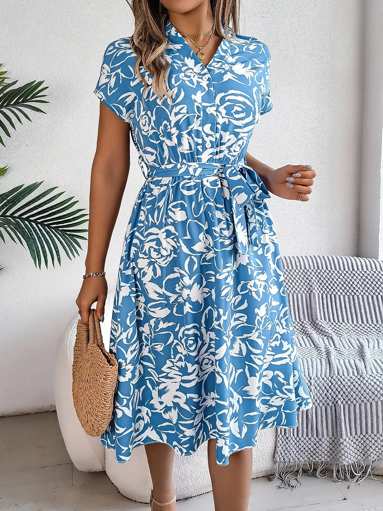 Fashion Elegant Floral Print Button Bat Sleeve A-line Midi Dress