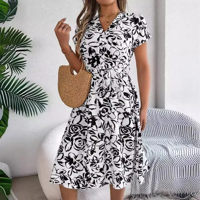 Fashion Elegant Floral Print Button Bat Sleeve A-line Midi Dress