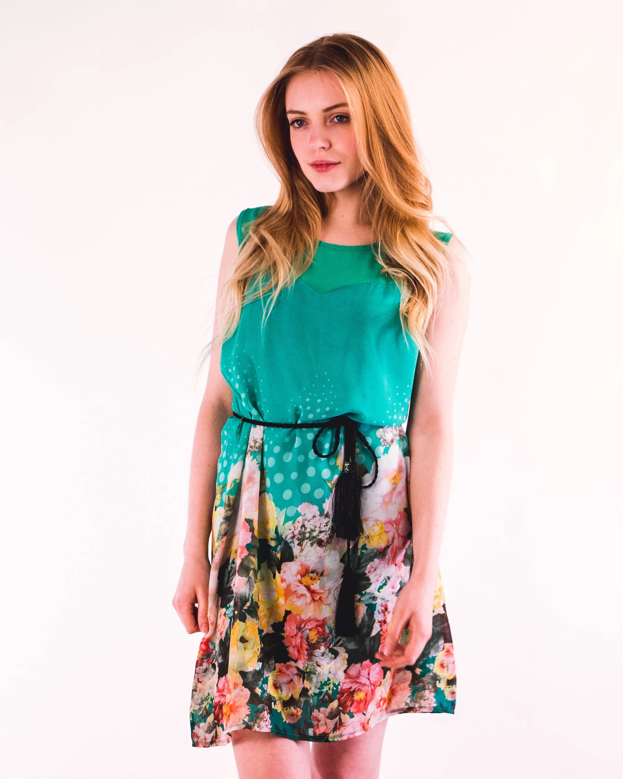 Floral Print Chiffon Dress (Green)