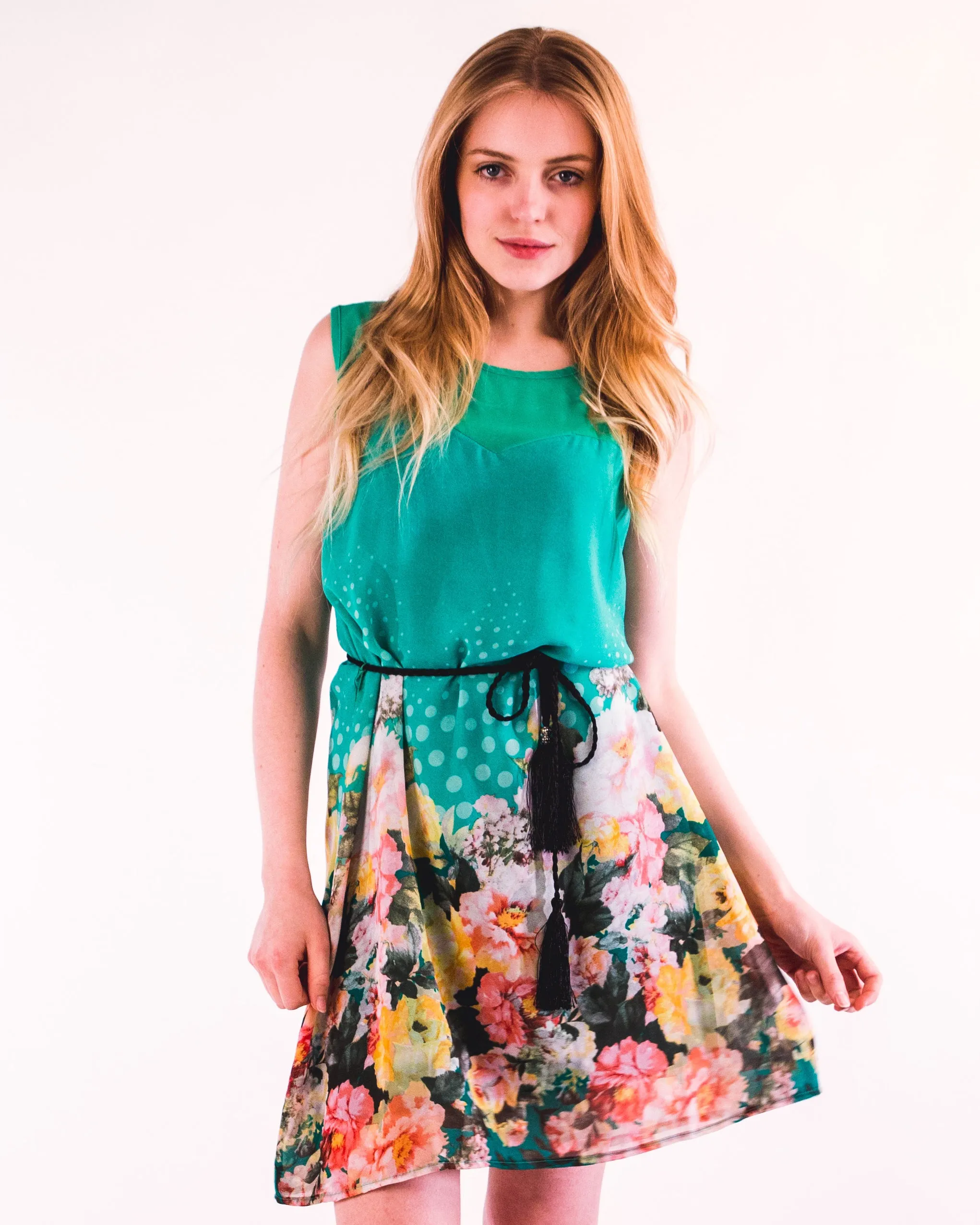 Floral Print Chiffon Dress (Green)