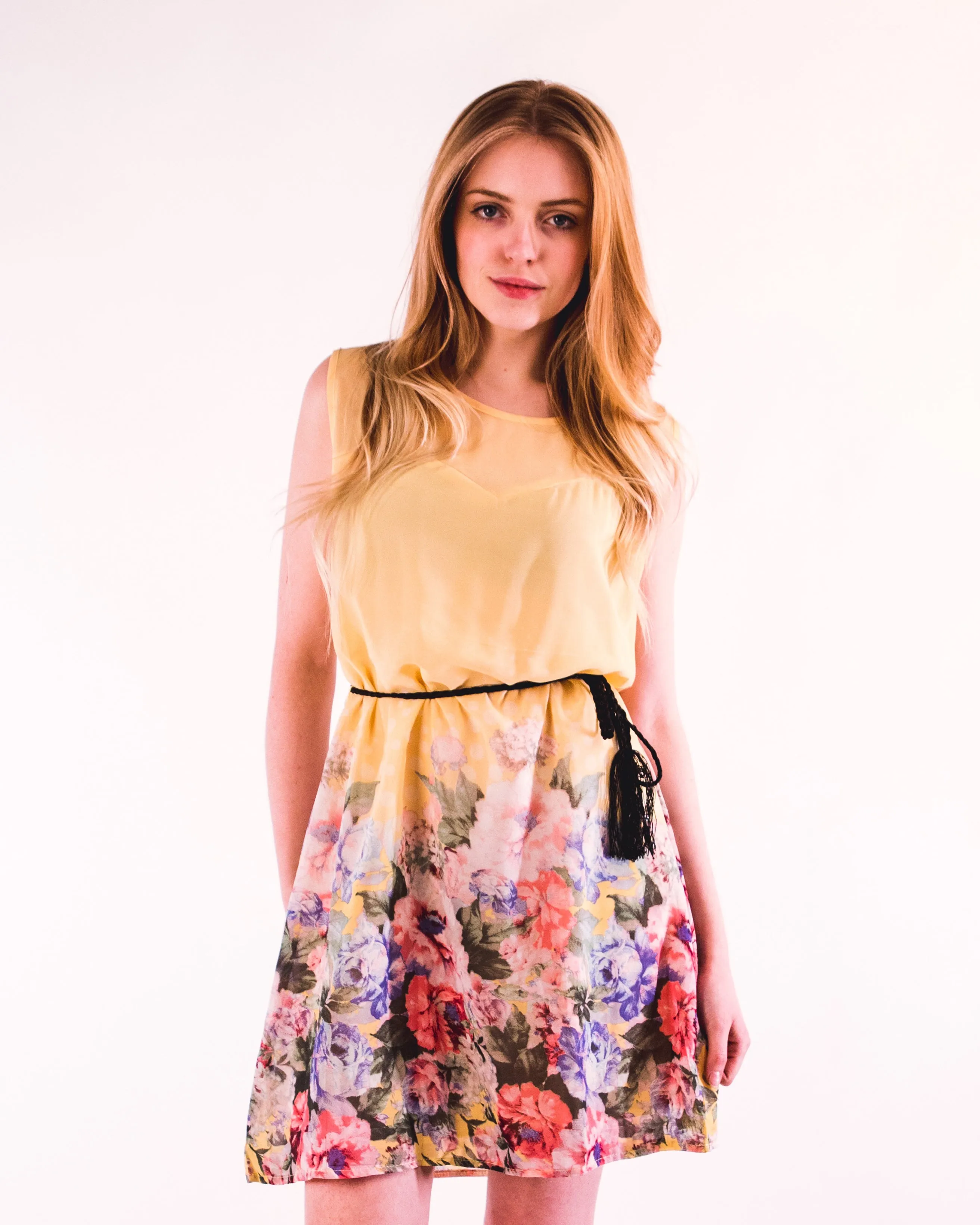 Floral Print Chiffon Dress (Yellow)