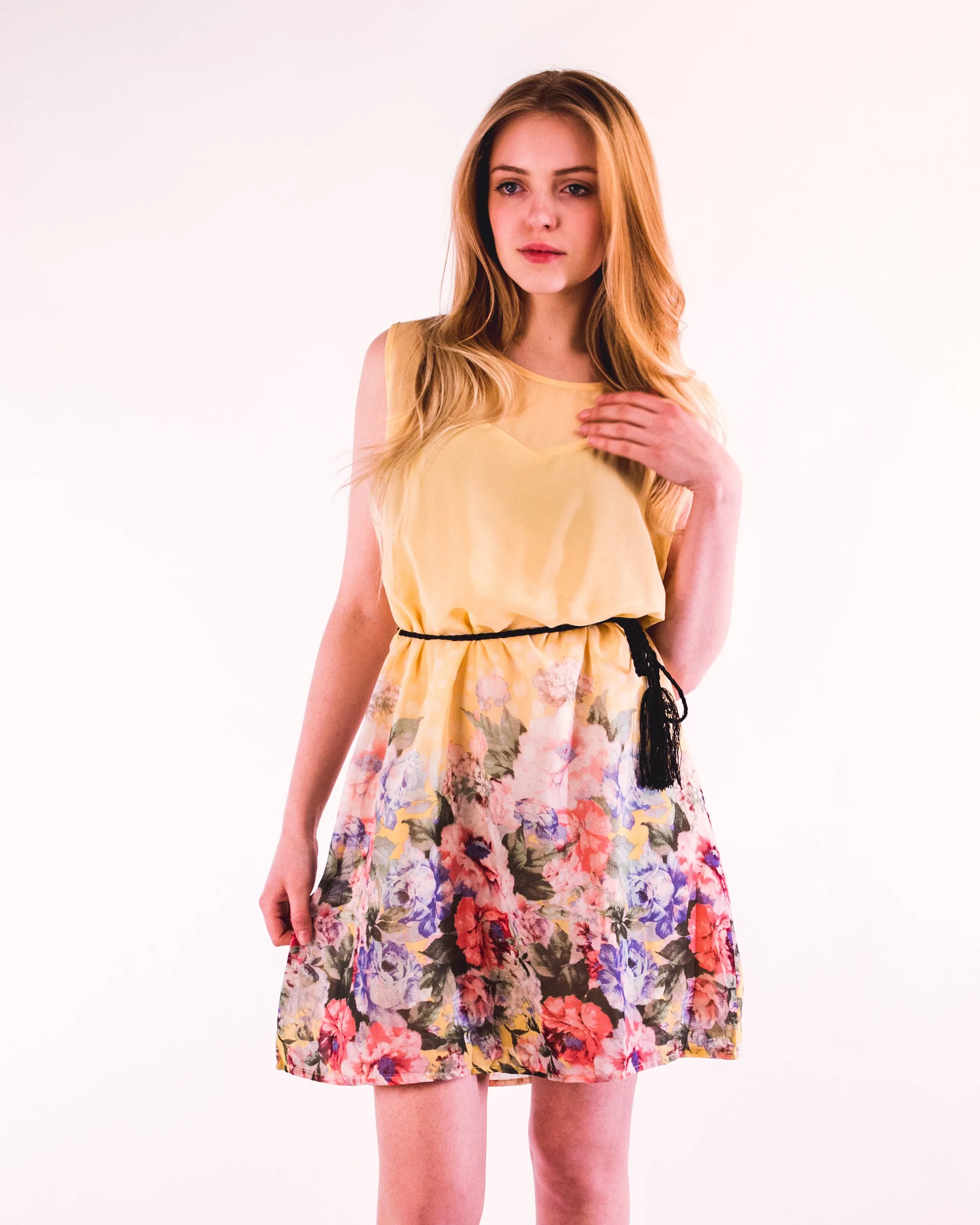 Floral Print Chiffon Dress (Yellow)