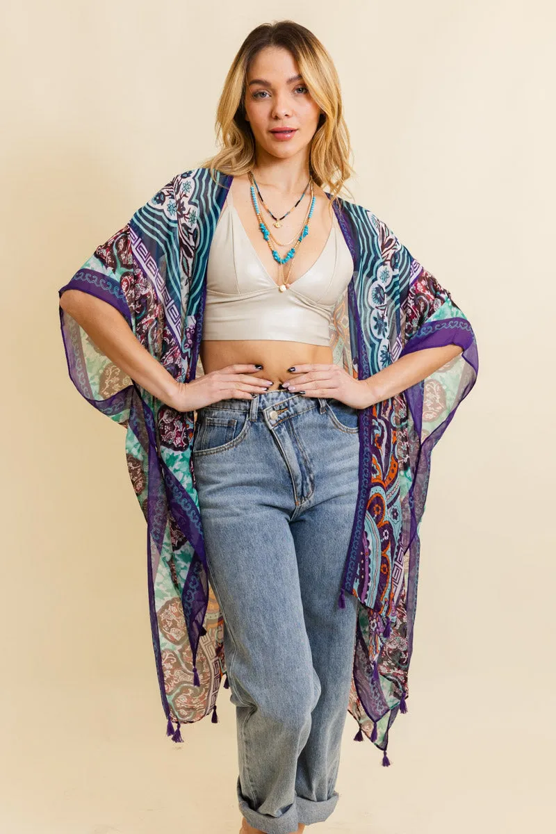 Free Spirit Cinched Sleeve Paisley Kimono