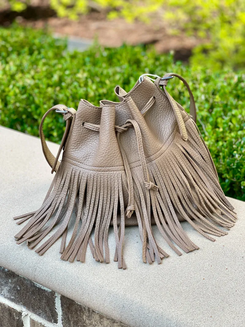 Fringed Boho Bucket Shoulder Bag - Taupe