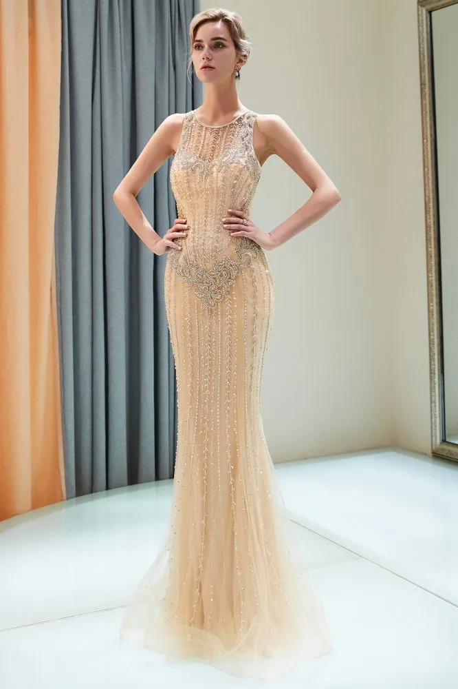 Glitter Sleeveless Beading Golden Evening Dress Crew Neck Mermaid Party Gown