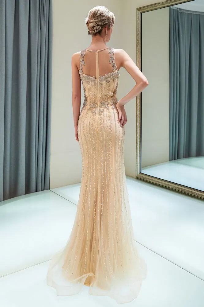 Glitter Sleeveless Beading Golden Evening Dress Crew Neck Mermaid Party Gown