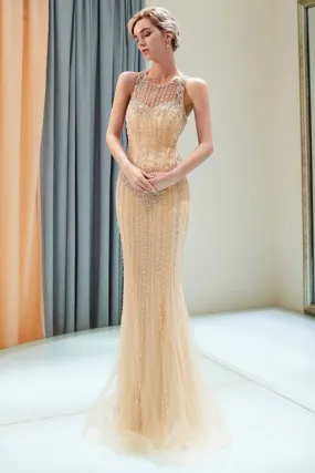 Glitter Sleeveless Beading Golden Evening Dress Crew Neck Mermaid Party Gown