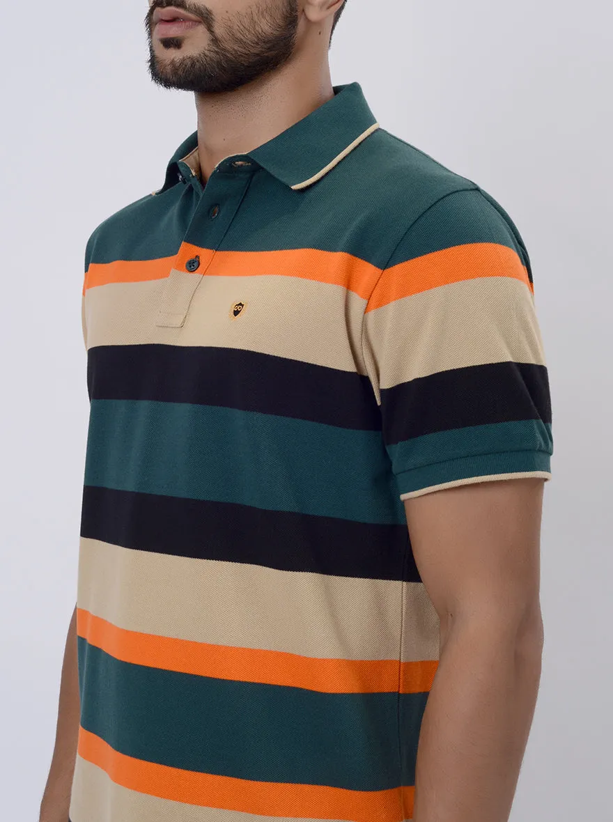 Green & Orange Striped Slim Fit Polo T-Shirt | JadeBlue