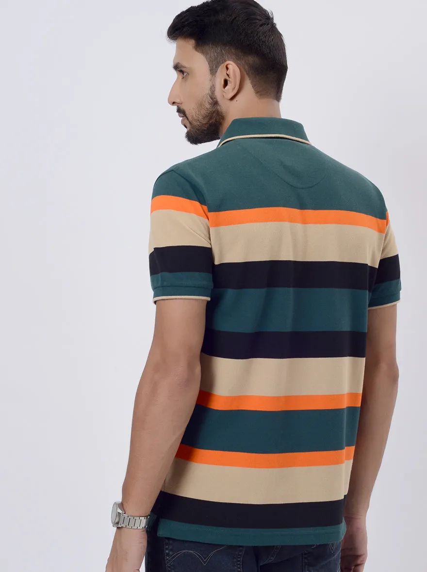 Green & Orange Striped Slim Fit Polo T-Shirt | JadeBlue