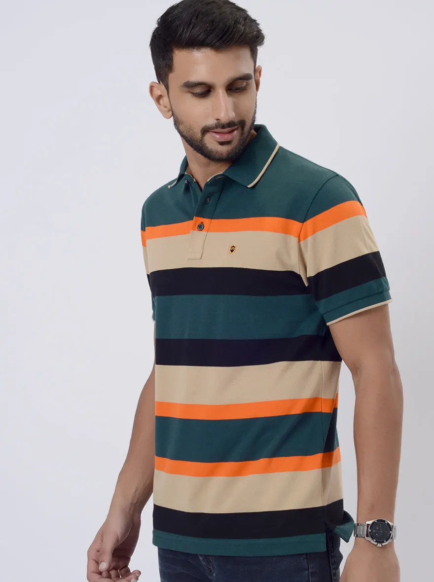 Green & Orange Striped Slim Fit Polo T-Shirt | JadeBlue