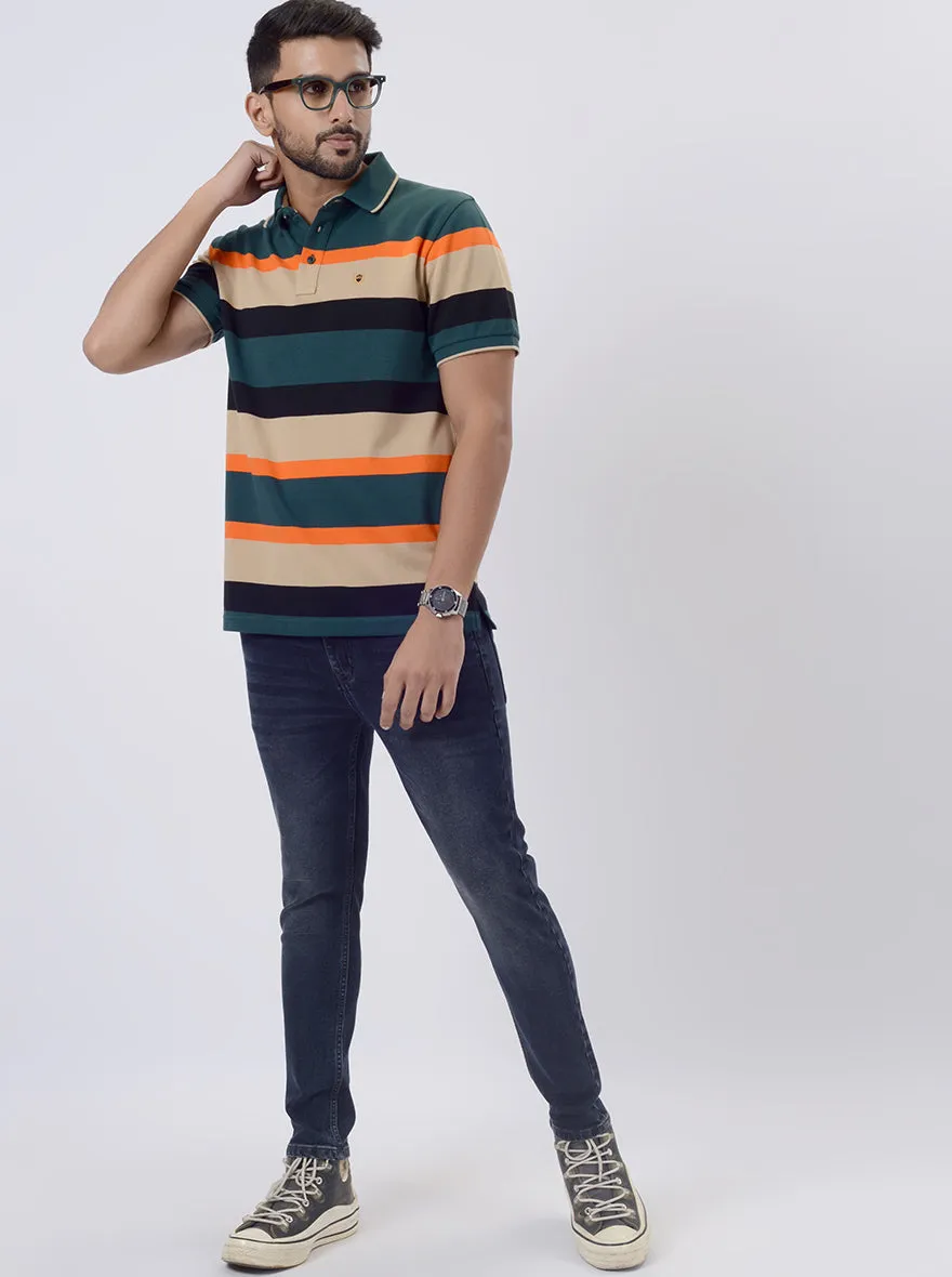 Green & Orange Striped Slim Fit Polo T-Shirt | JadeBlue