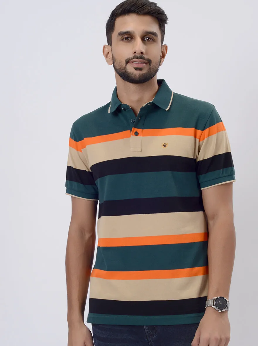 Green & Orange Striped Slim Fit Polo T-Shirt | JadeBlue