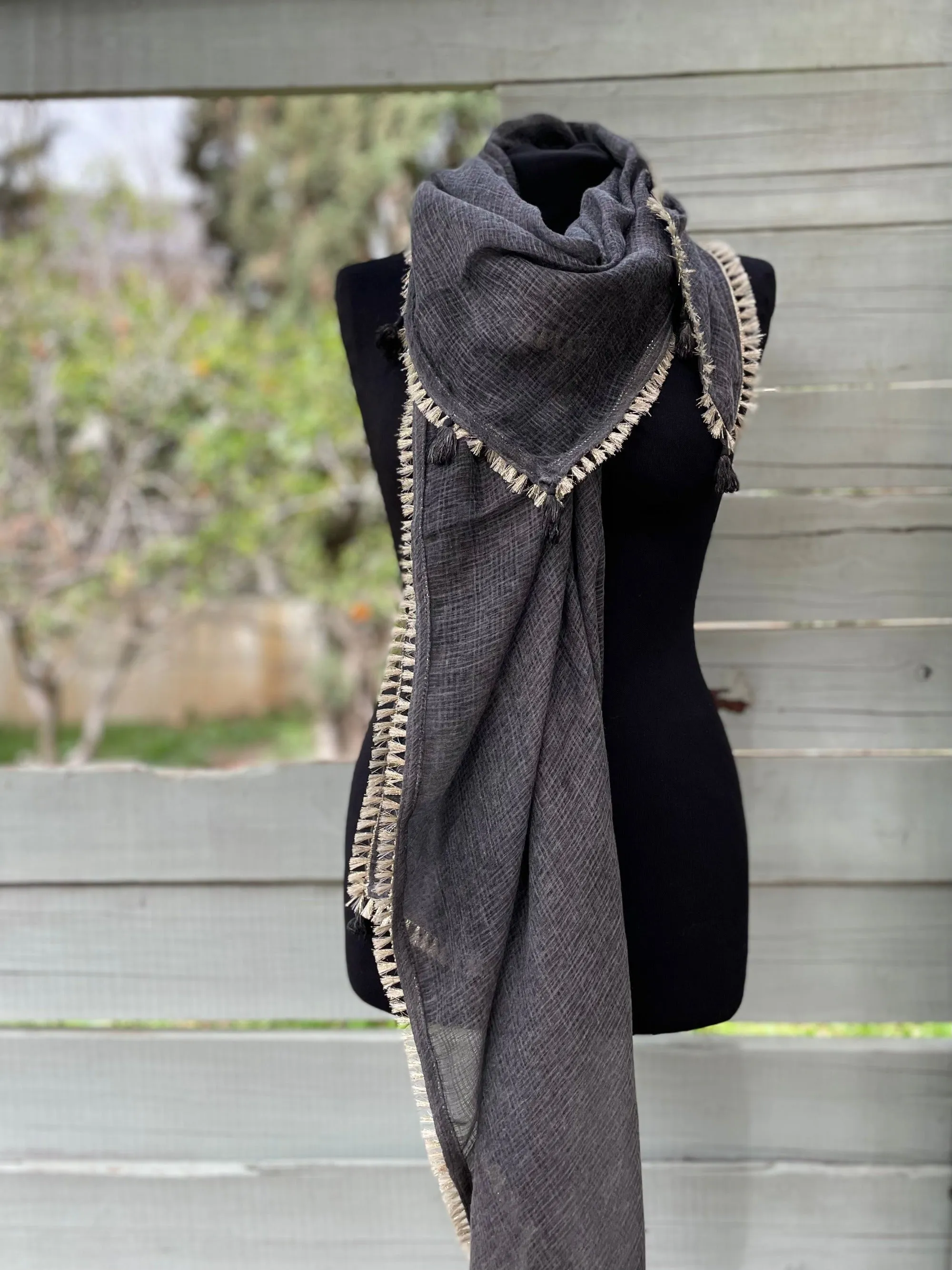 Grey & Gold Fringed Scarf