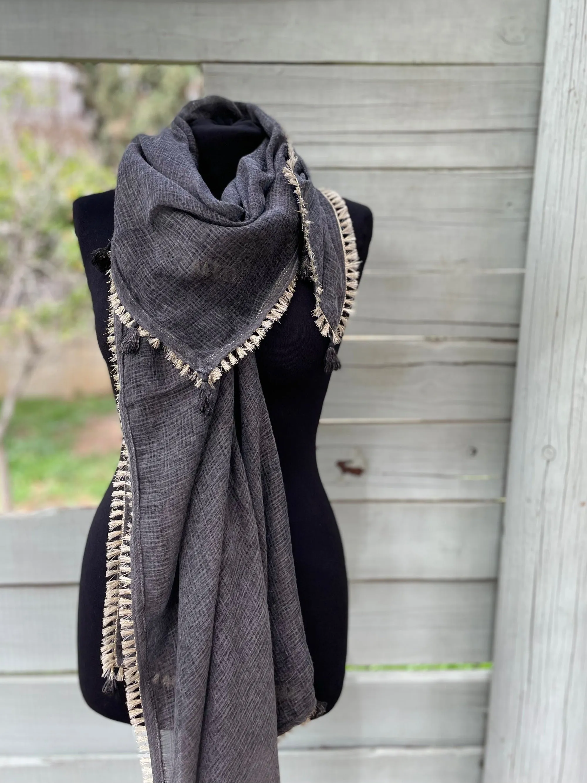 Grey & Gold Fringed Scarf