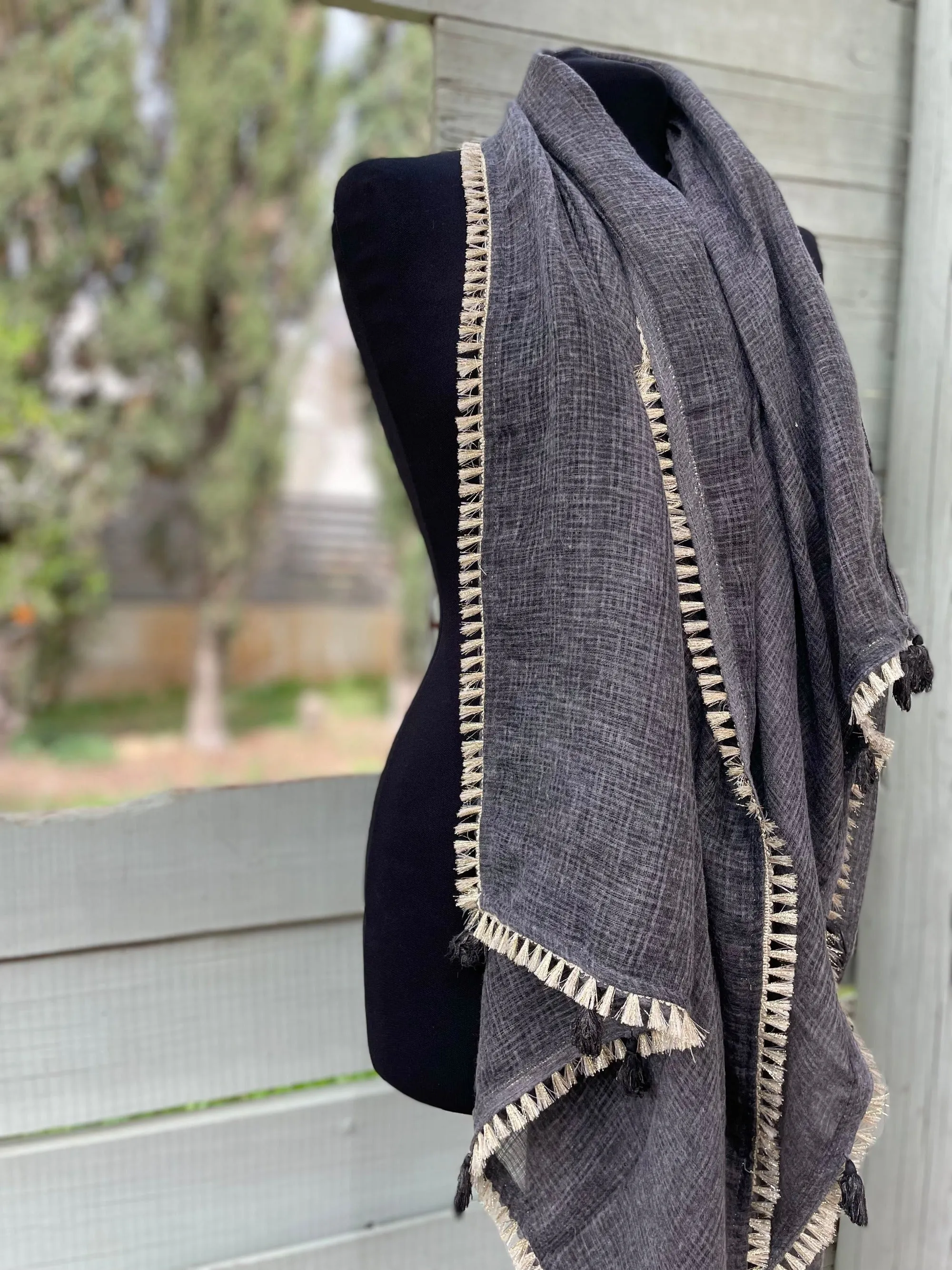 Grey & Gold Fringed Scarf