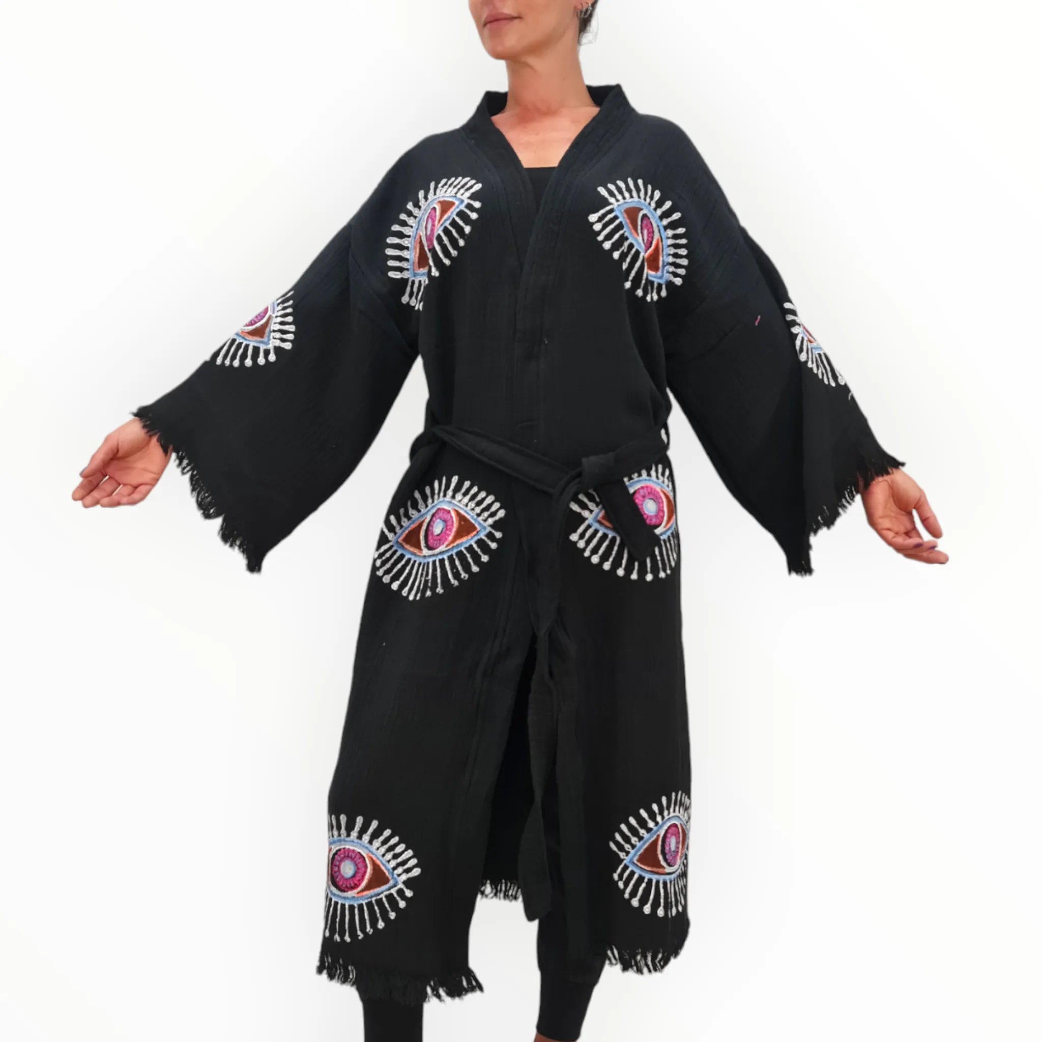 Hand-Made Block Print Evil Eye Black Kimono Robe Kaftan