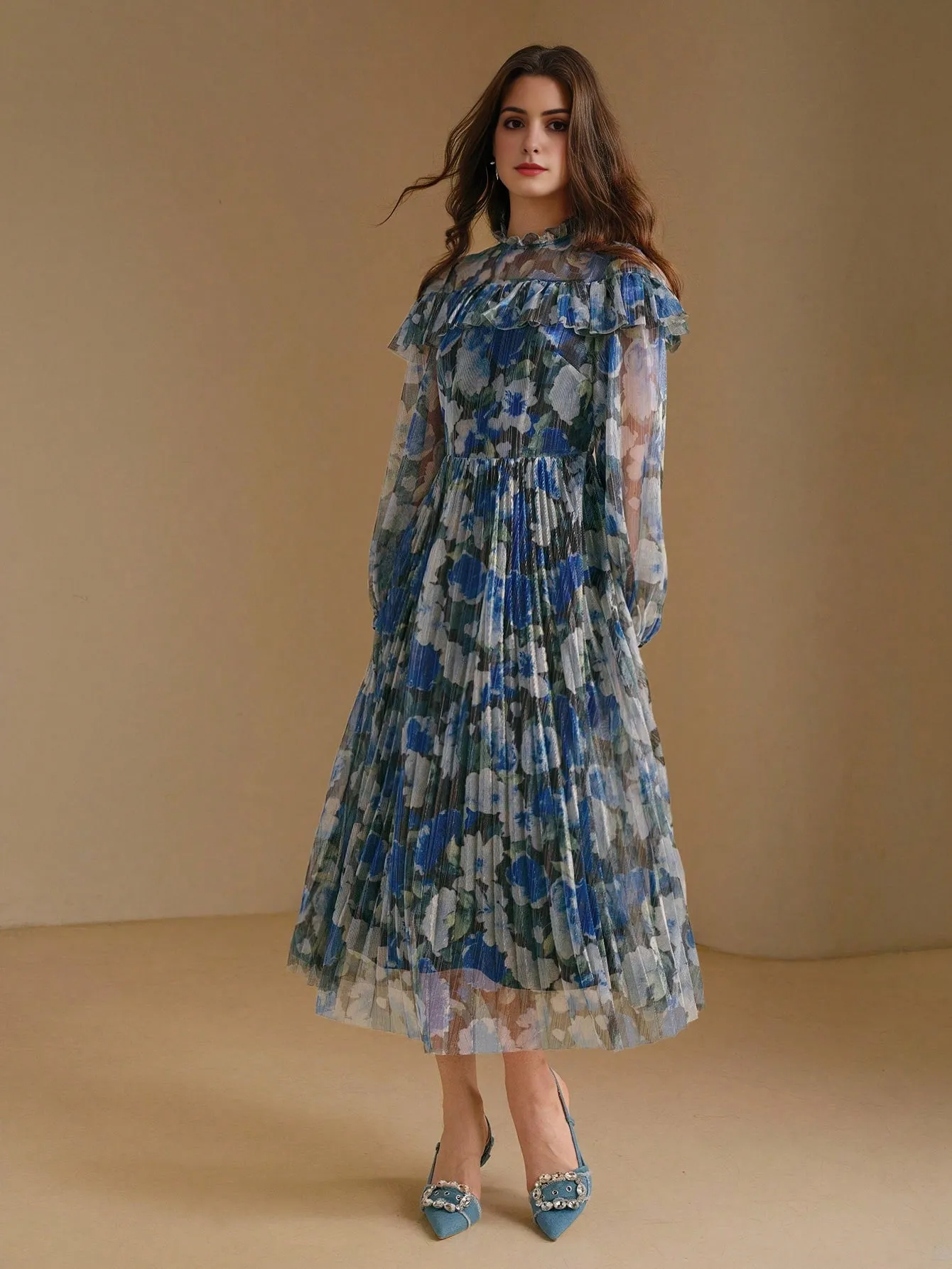 Isabella Vintage Blue Ditsy Floral Ruffled Elegant Dress