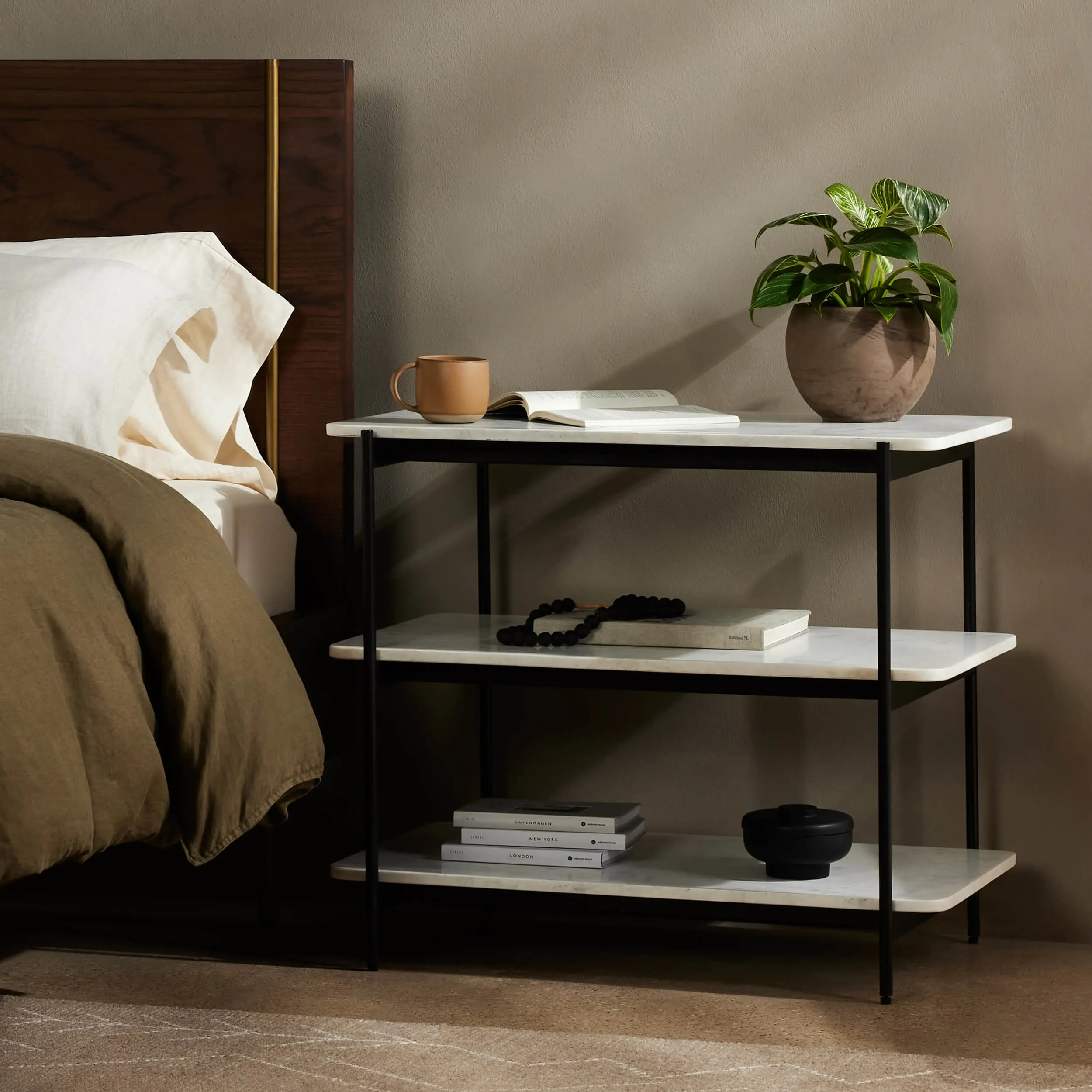 Jasper Nightstand, Matte Black Iron/ White Marble