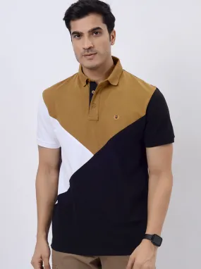 Khaki & White Striped Slim Fit Polo T-Shirt | JadeBlue