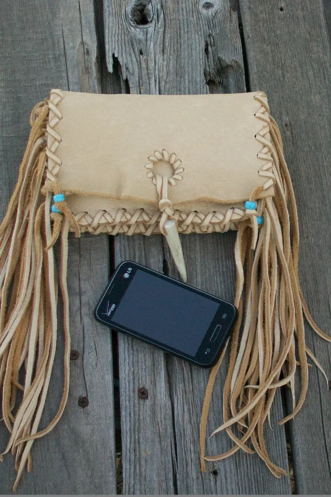 Leather clutch with fringe , handmade leather clutch