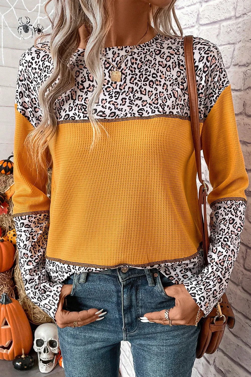 Leopard Waffle Colorblock Top