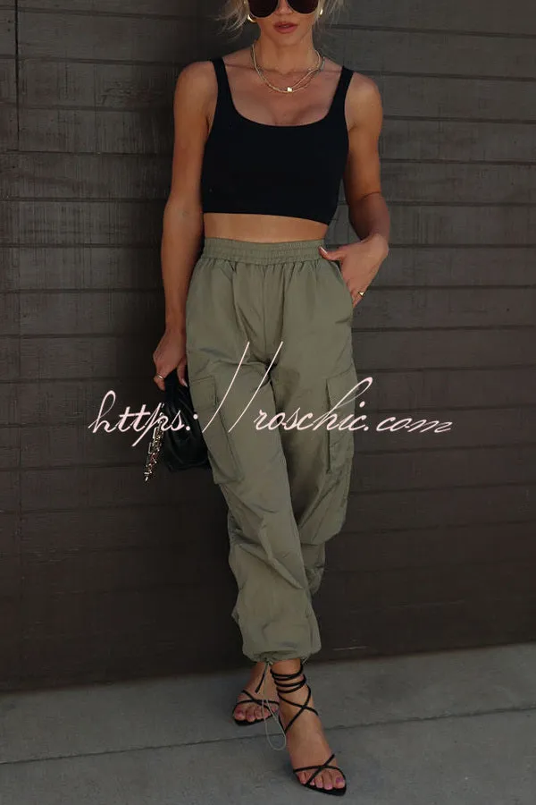 Let��s Rewind Nylon Elastic Waist Pocketed Cargo Pants